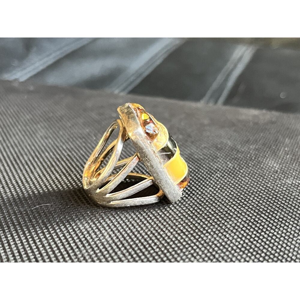 Vintage Artisan Sterling Silver Striped Honey Baltic Amber Split Shank Ring 7.5 - Picture 5 of 15